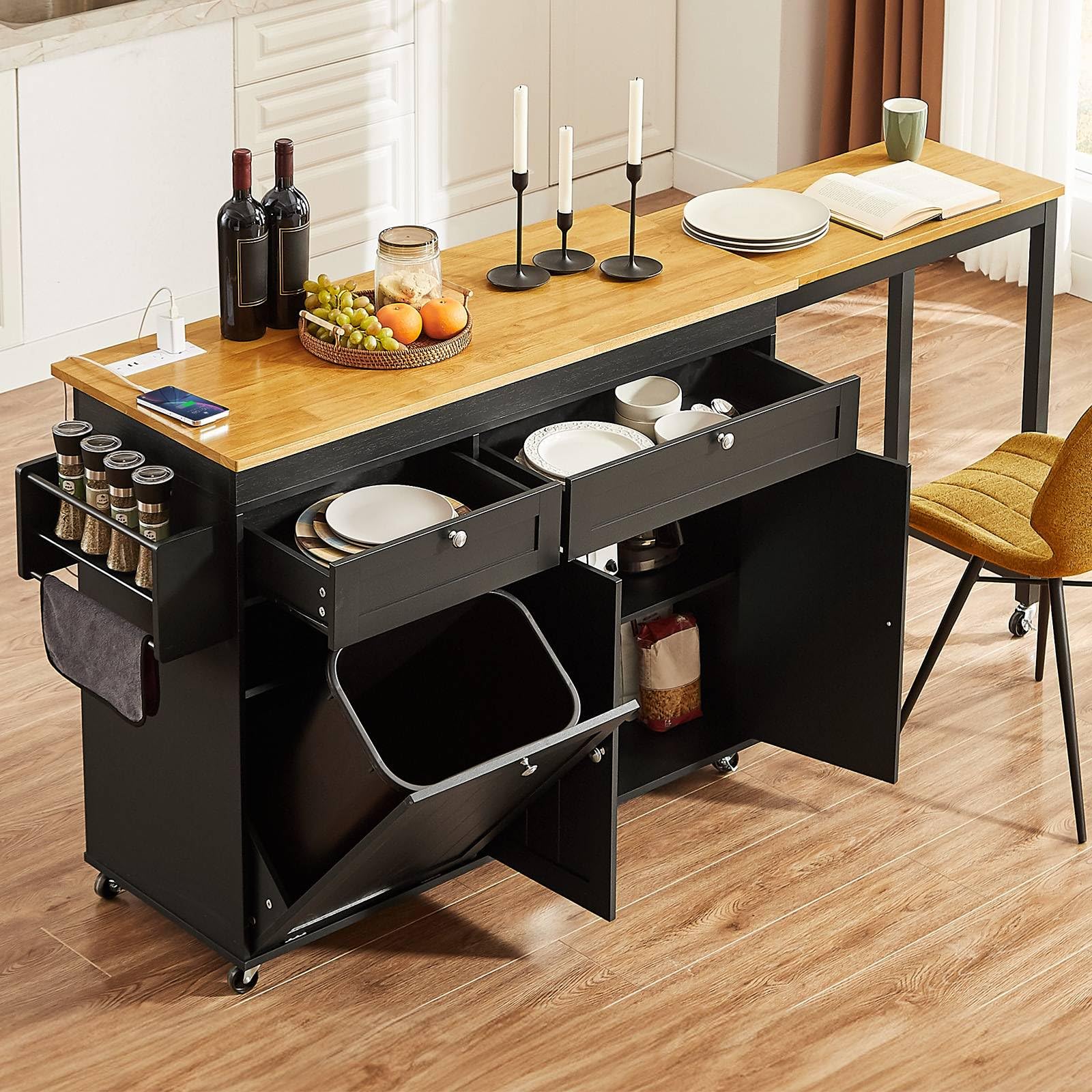 Kitchen Islands with Extendable Dining Table, 81.7" Mobile Kitchen Storage Islands