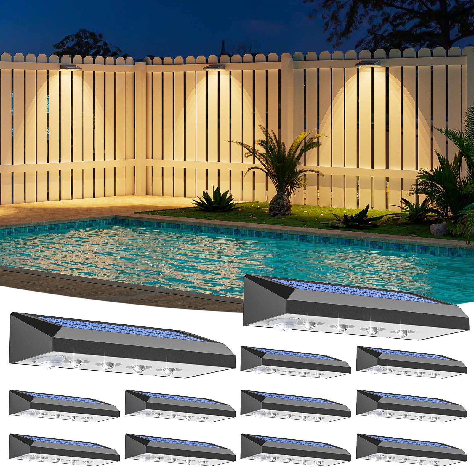 Solar Fence Lights 12-Pack - 100 Lumens Solar Powered Outdoor Lights, Weatherproof