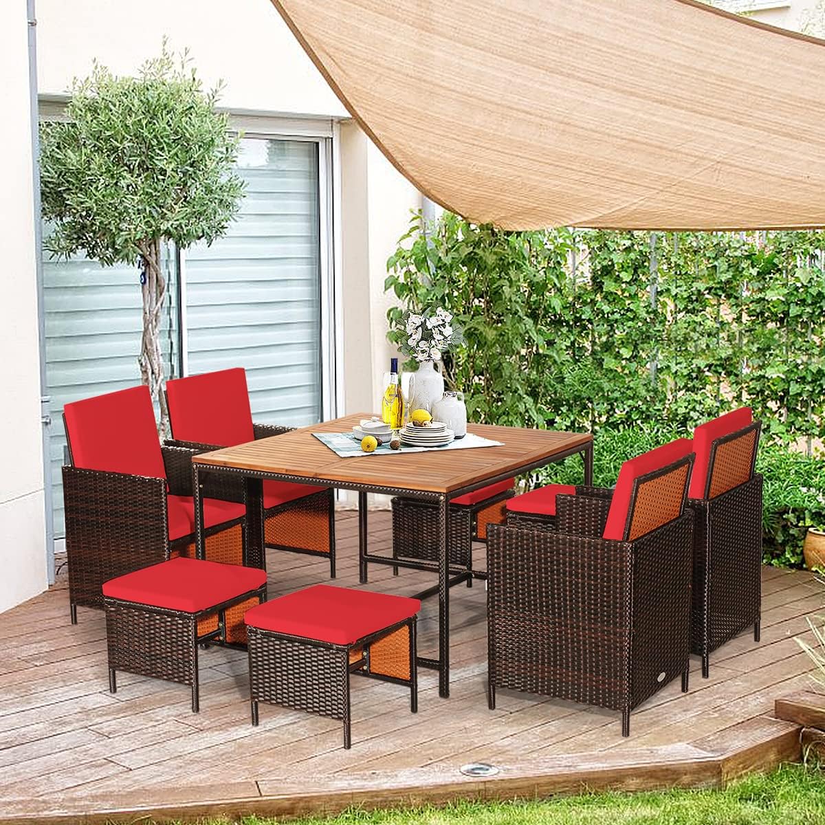 9-Piece Outdoor Dining Set - Patio Wicker Furniture Set w/Acacia Wood Tabletop