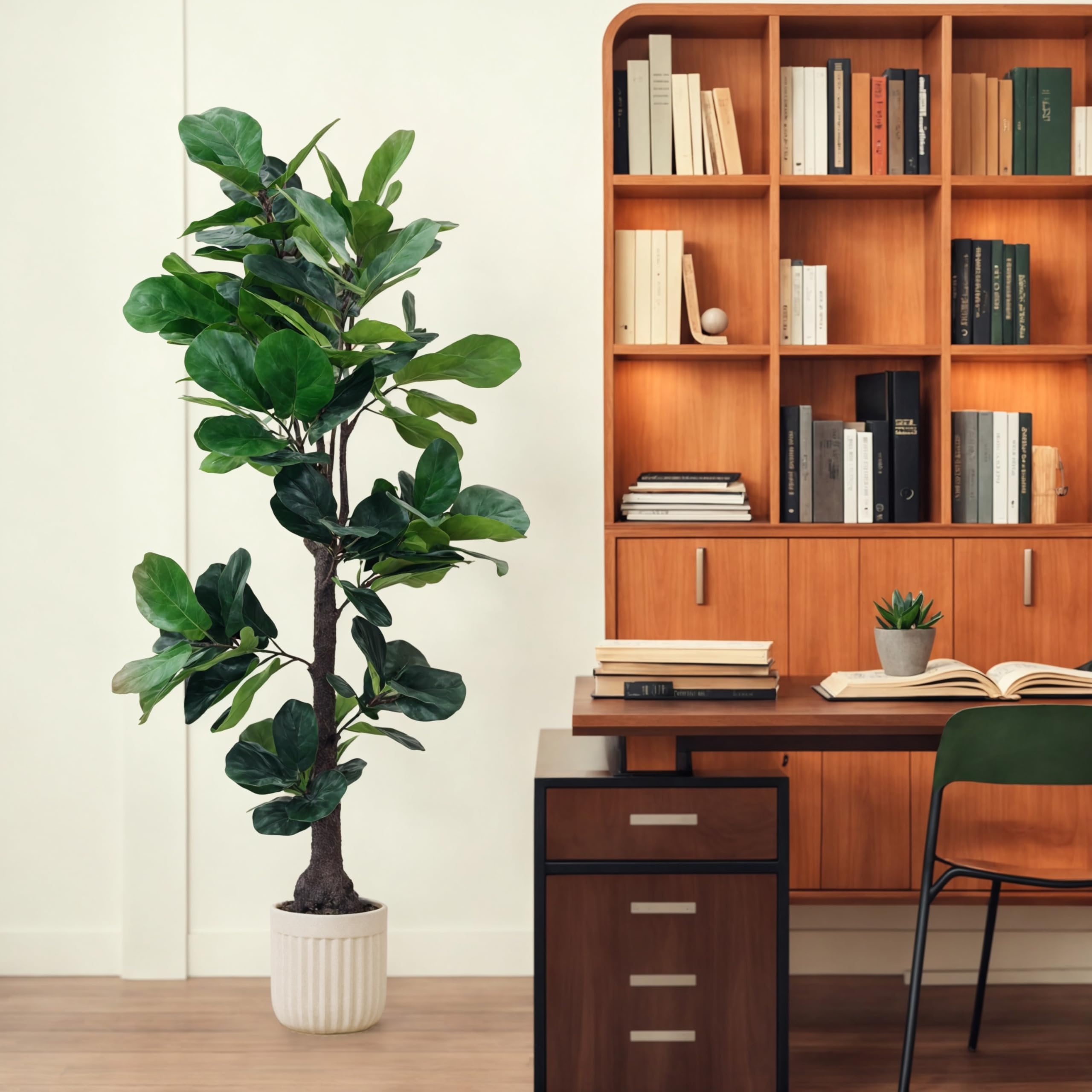 Artificial Fiddle Leaf Fig Tree, 7FT Fake Ficus lyrata Silk Trees with White Tall Planter