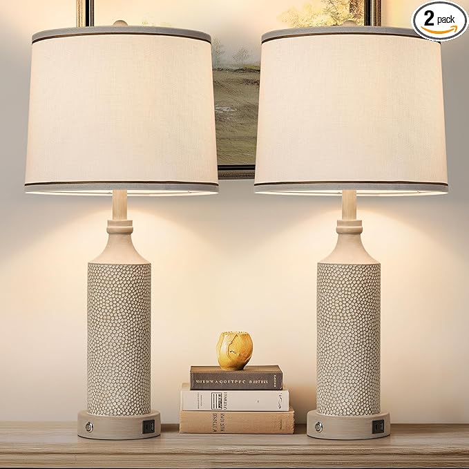 Dimmable Touch Control Table Lamp with USB A+C Ports, Vintage Washed