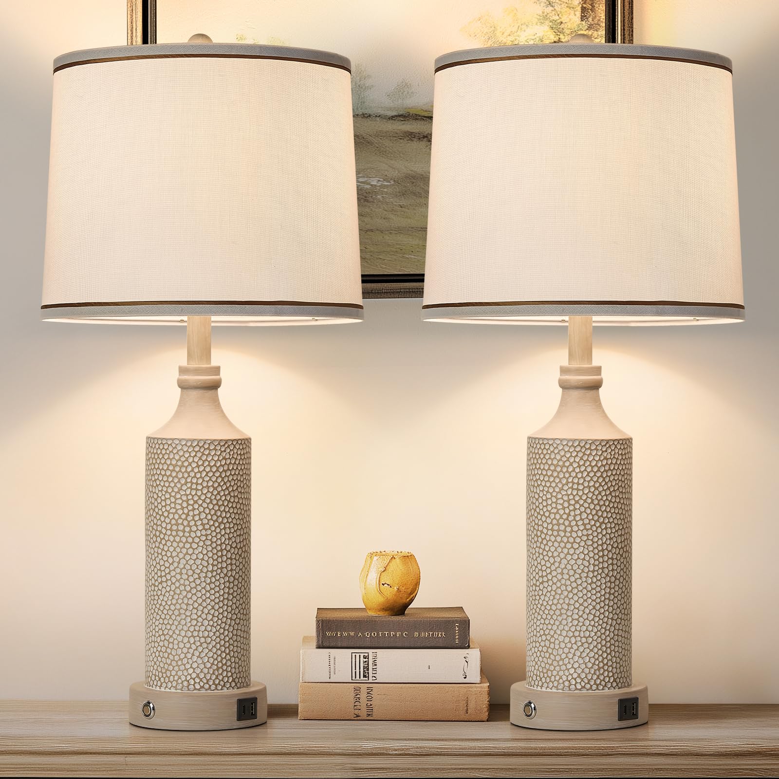 Dimmable Touch Control Table Lamp with USB A+C Ports, Vintage Washed