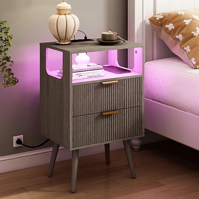 Bedroom Furniture Nightstand with Charging Station and LED Lights,Modern Bedside Table