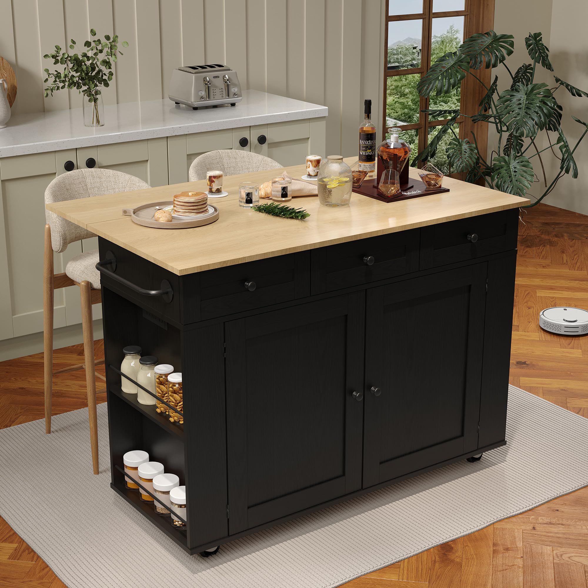 Kitchen Island Cart with 47.2" Wood Top, Island Table for Kitchen with Storage Cabinet & Drop Leaf, Rolling Kitchen Table with Spice Rack, Towel Rack, and Drawer, Portable Islands on Wheels, Black