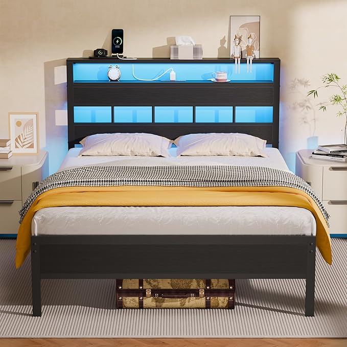 Queen Bed Frame with Storage Headboard and LED Lights