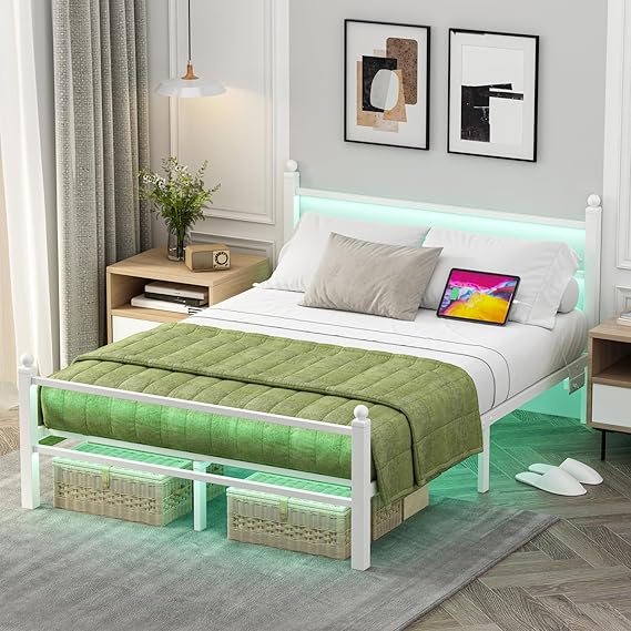 Full Size Bed Frame With Charging Station & LED Lights, Full Metal Platform Bed Frame