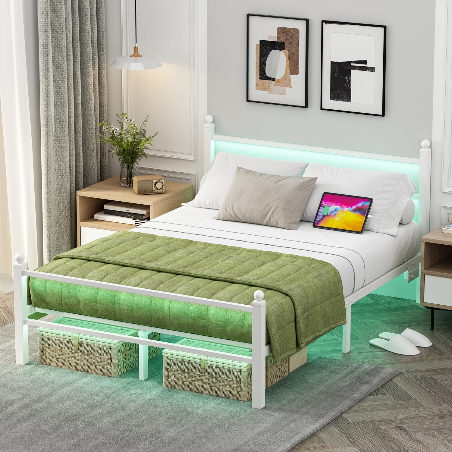Full Size Bed Frame With Charging Station & LED Lights, Full Metal Platform Bed Frame
