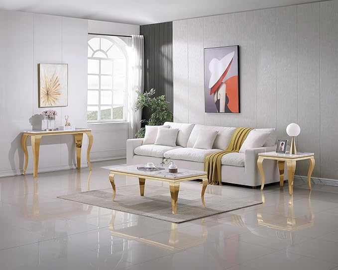 Coffee Table and Console Table Sets, 2 Piece Modern Marble Living Room