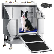 50" Dog Washing Station - 304 Stainless Steel, 27.4" Wide Ramp, Water-Storing Dog