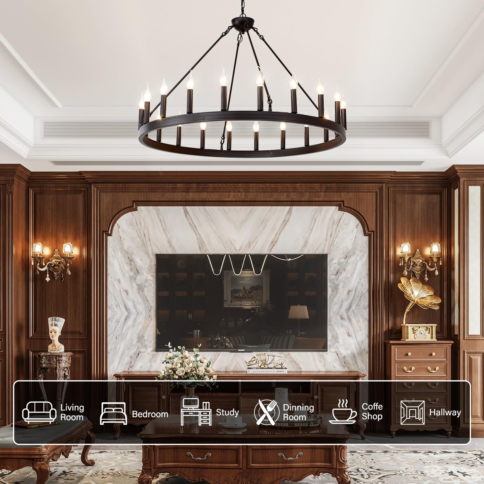 Black Wagon Wheel Chandelier 40 inch,20-Light Farmhouse Wagon Wheel