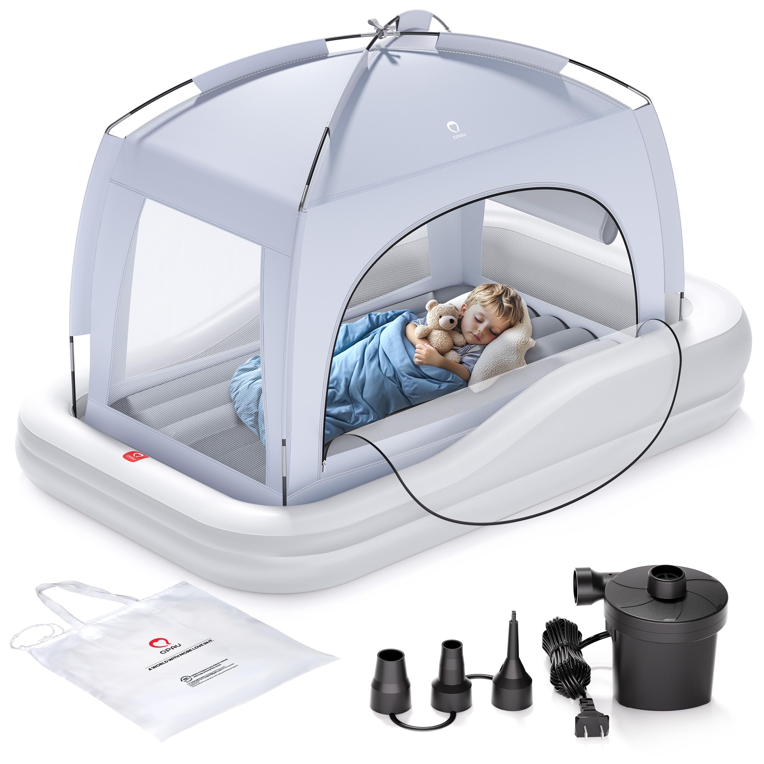 Toddler Travel Bed with Tent, Baby Crib Tent, Portable Kids Air Mattress with Safety
