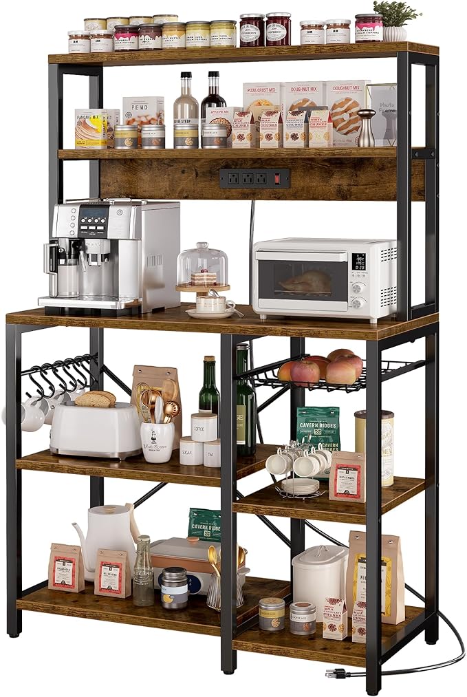 Bakers Rack with Power Outlet, 35.4 Inches Coffee Bar with Wire Basket