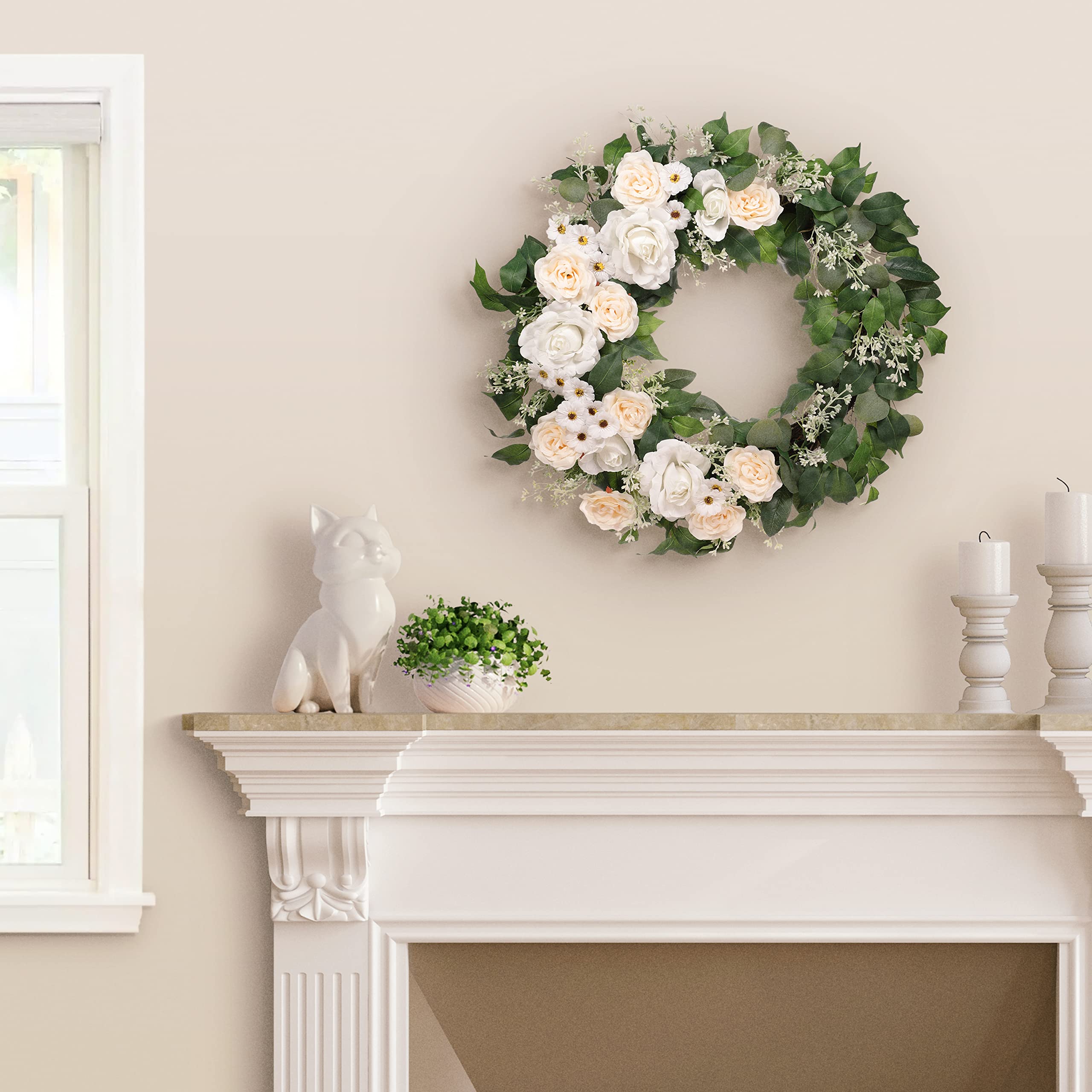 30" Artificial Rose,Camellia,babysbreath Floral Spring Wreath with Green Leaves