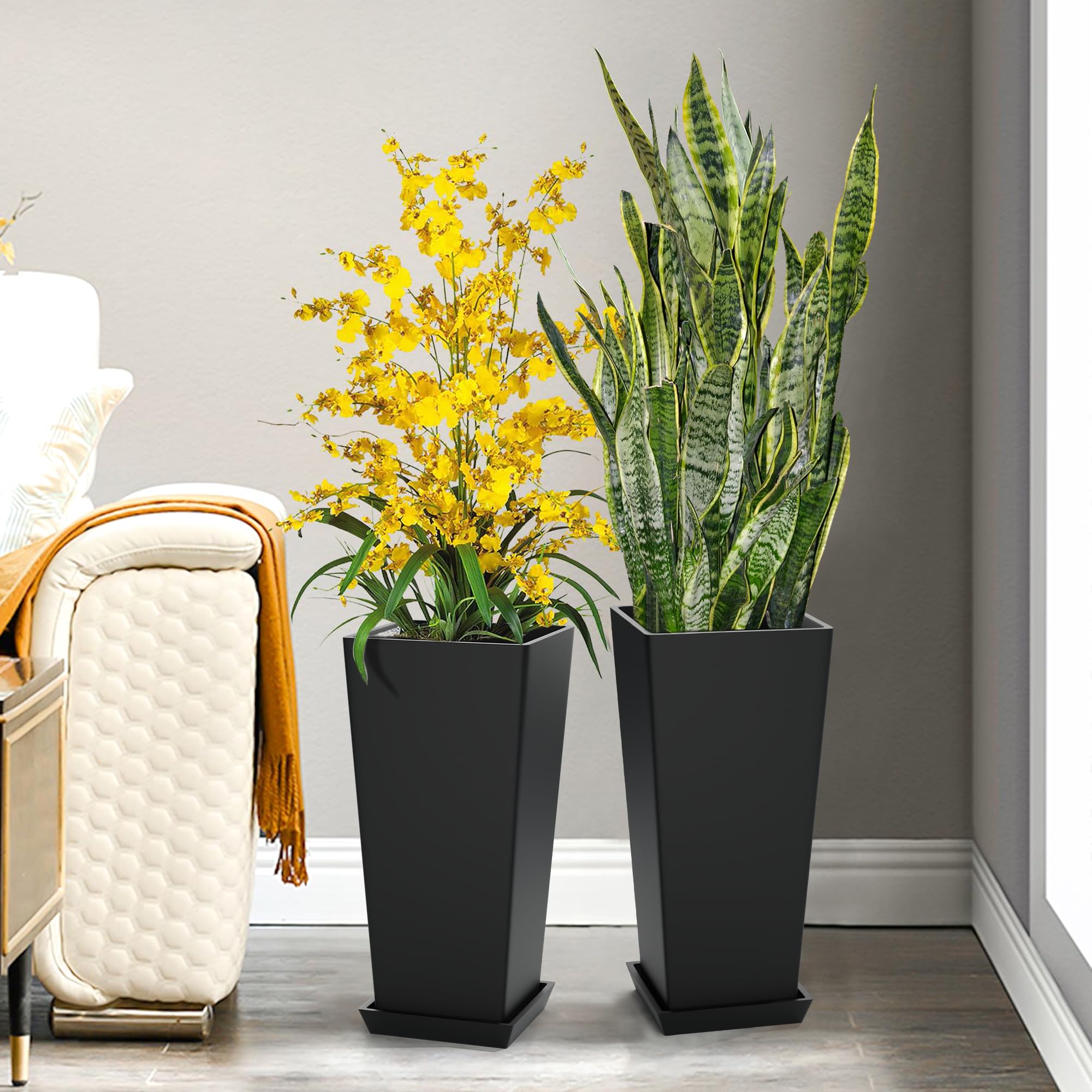 Set of 2 Large Tall Planter for Indoor or Outdoor 24" Flower Pots Tapered Tall Planters