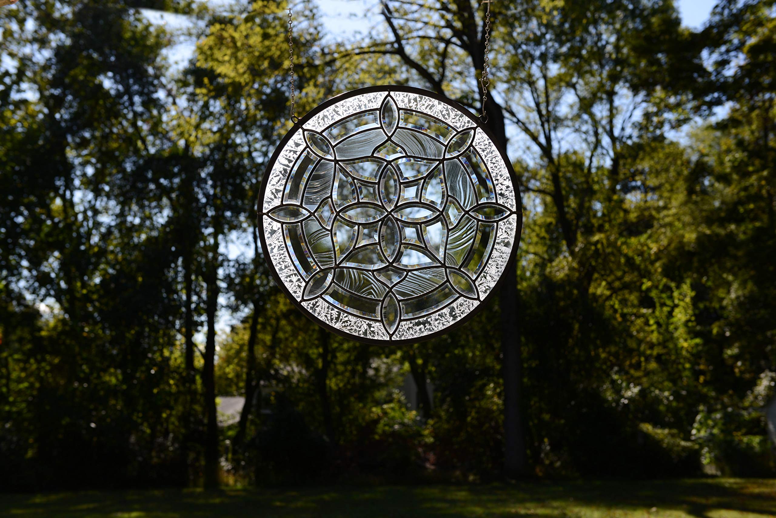 21" Dia All Clear Hanging Stained Glass Beveled Window Panel