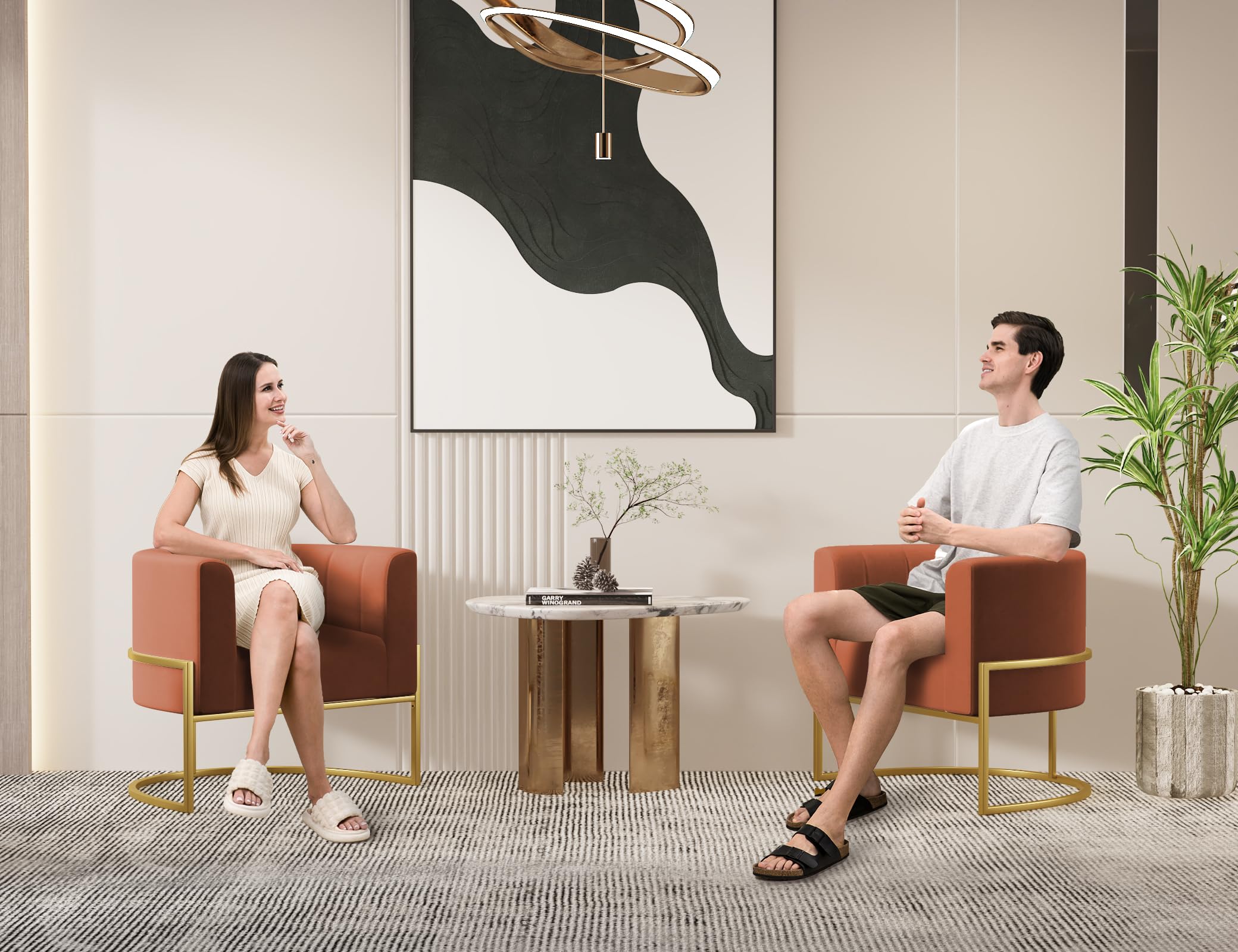 Velvet Accent Chair Burnt Orange Modern Comfy Upholstered Barrel Chair Padded Seat