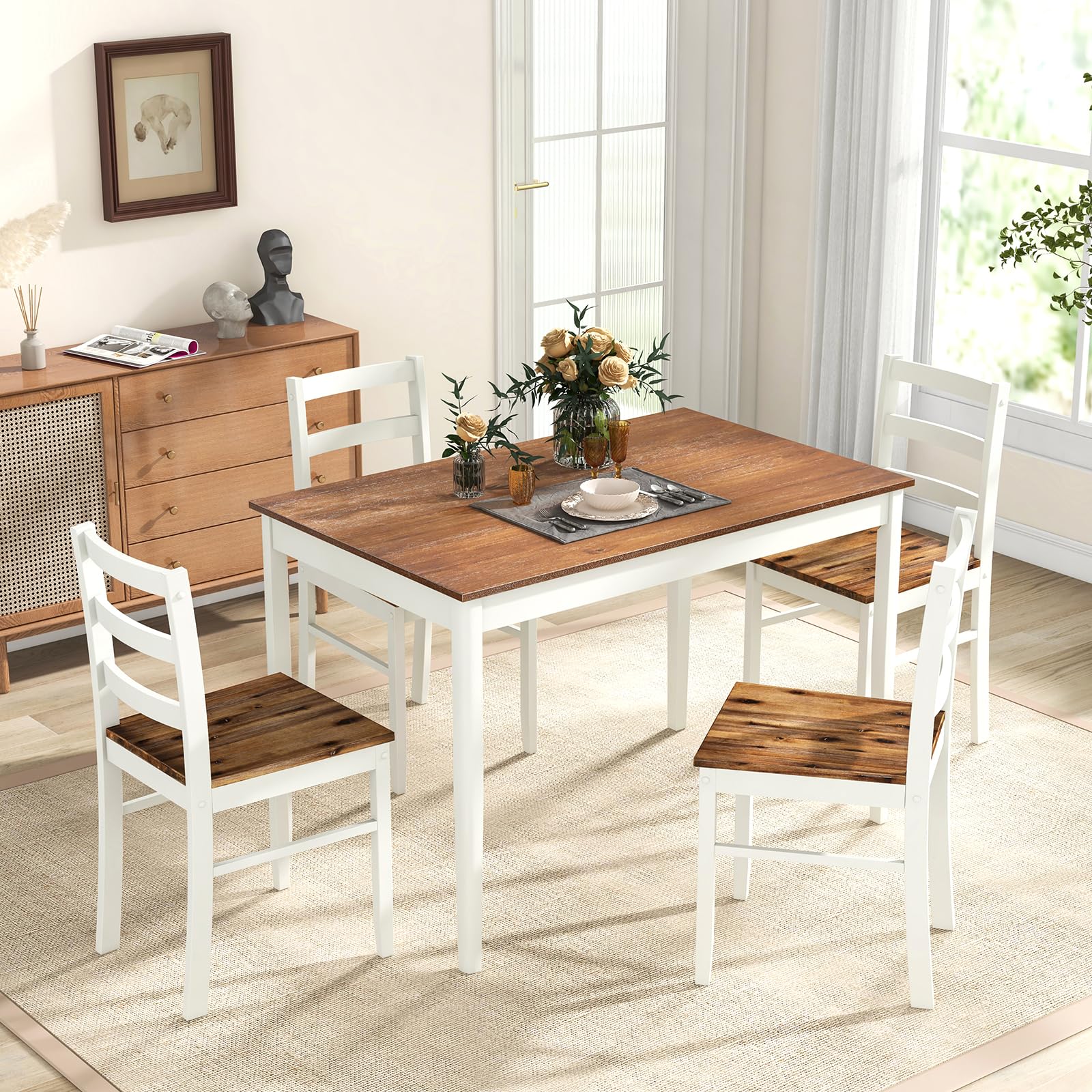 Dining Table Set for 4, Solid Wood, Farmhouse Dinette Set w/Rubber Wood Legs
