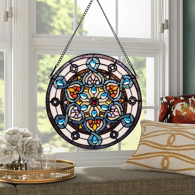 Tiffany Style Stained Glass Window Hanging Panel 12 Inch Round Handmade Blue Flower