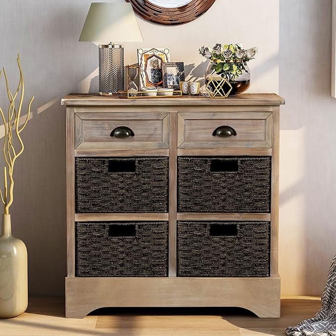 Storage Cabinet Retro Style Storage Unit with 2 Drawers and 4 Baskets for Home Entryway