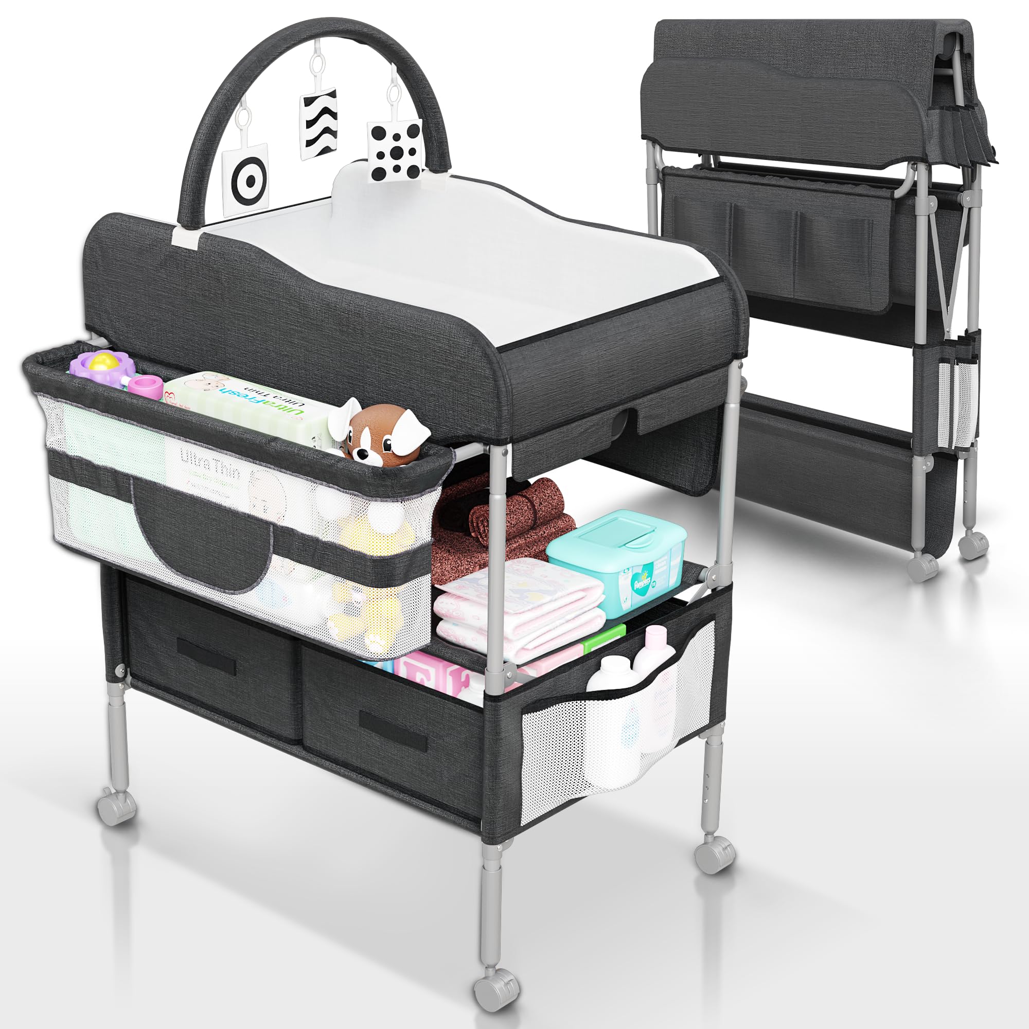 Changing Table Black with Storage - Collapsible Baby Diaper Changing Station