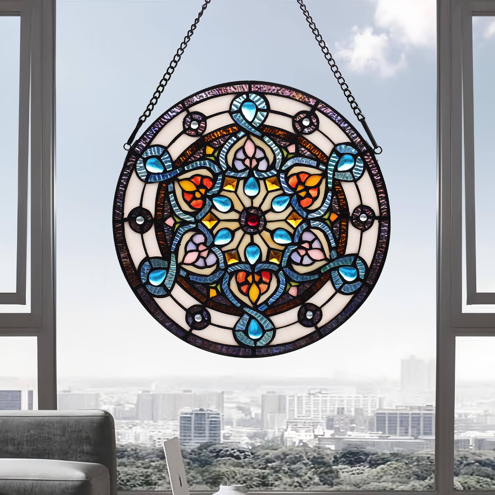 Tiffany Style Stained Glass Window Hanging Panel 12 Inch Round Handmade Blue Flower