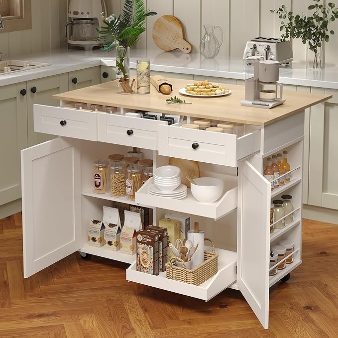 Rolling Kitchen Island Cart with Power Outlet & Drop Leaf