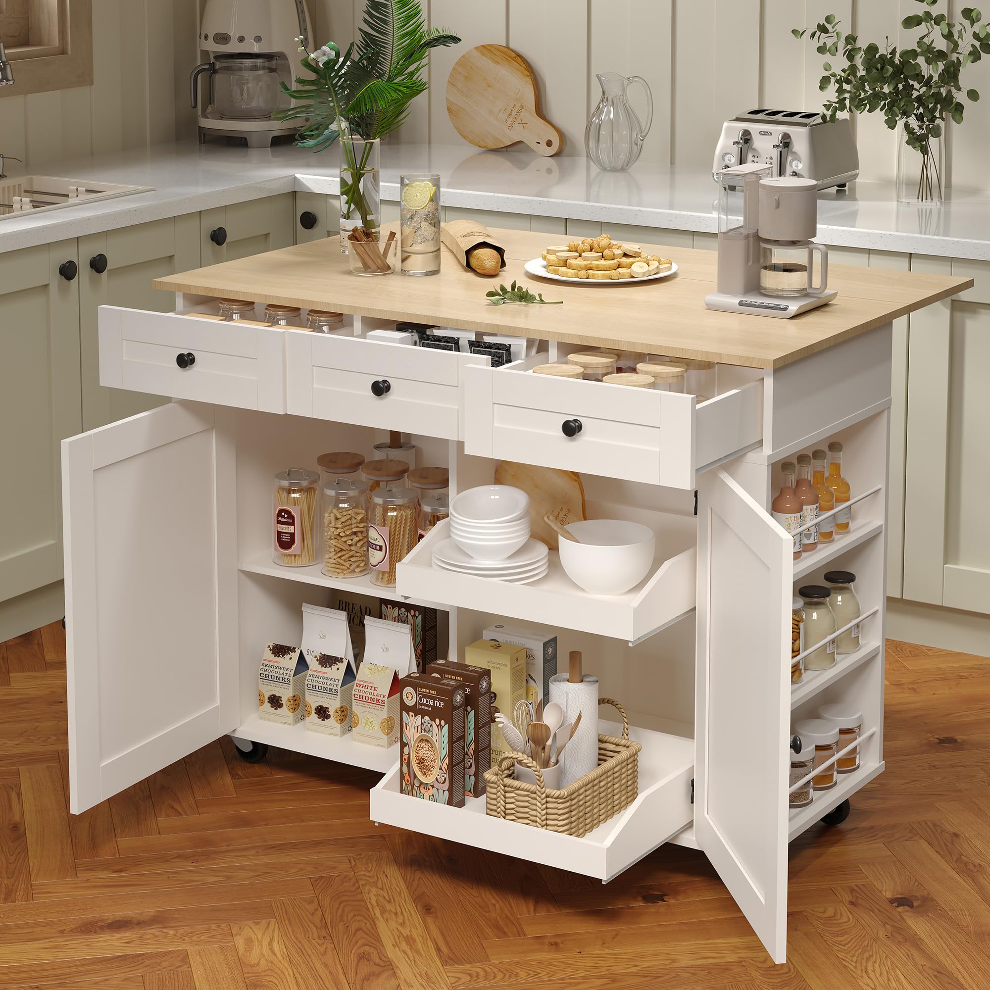 Rolling Kitchen Island Cart with Power Outlet & Drop Leaf