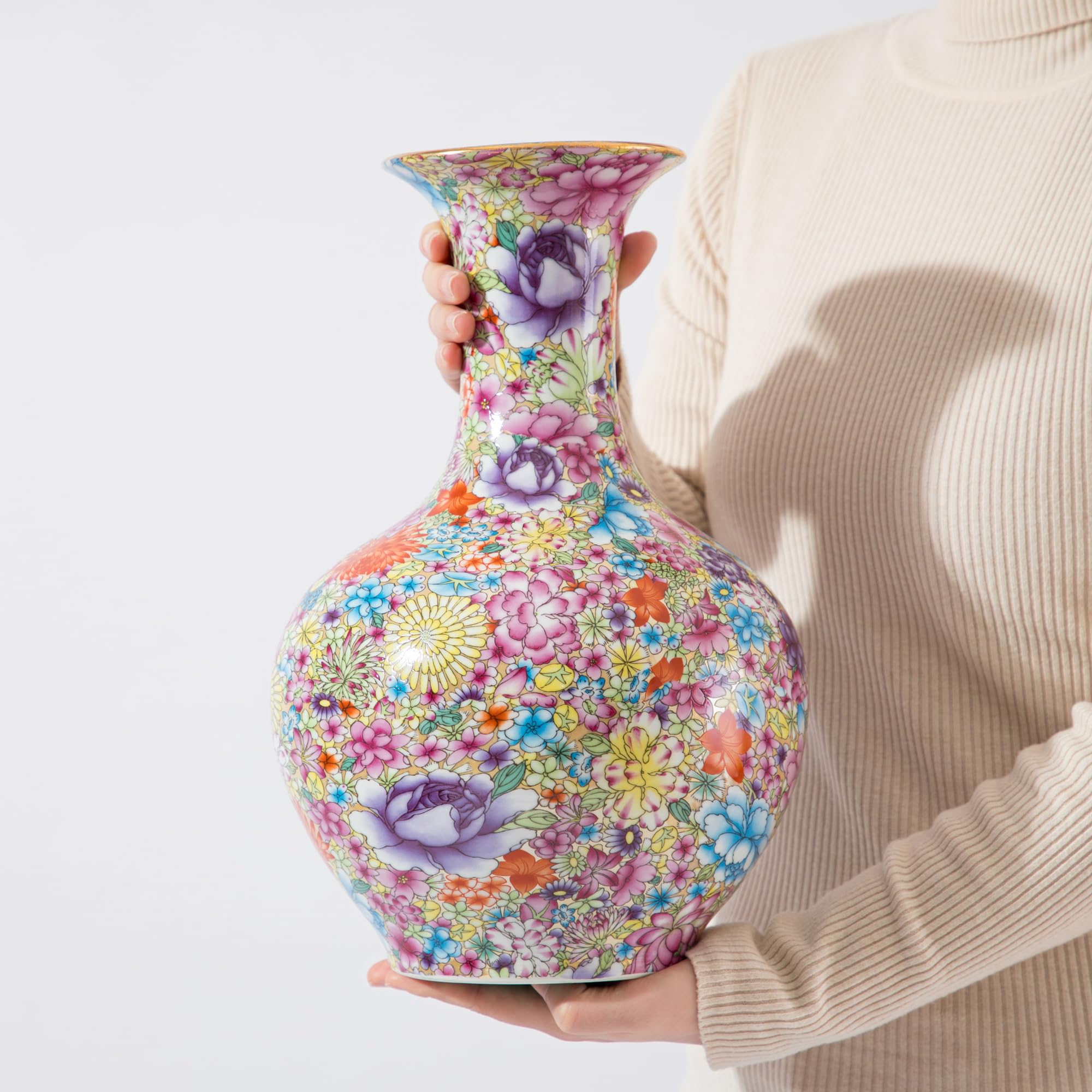 SILINE 14” Large Gorgeous Porcelain Vase,Jingdezhen Art Decor Big Vase,China Handmade Ceramic Flower Bottle (Colorful)