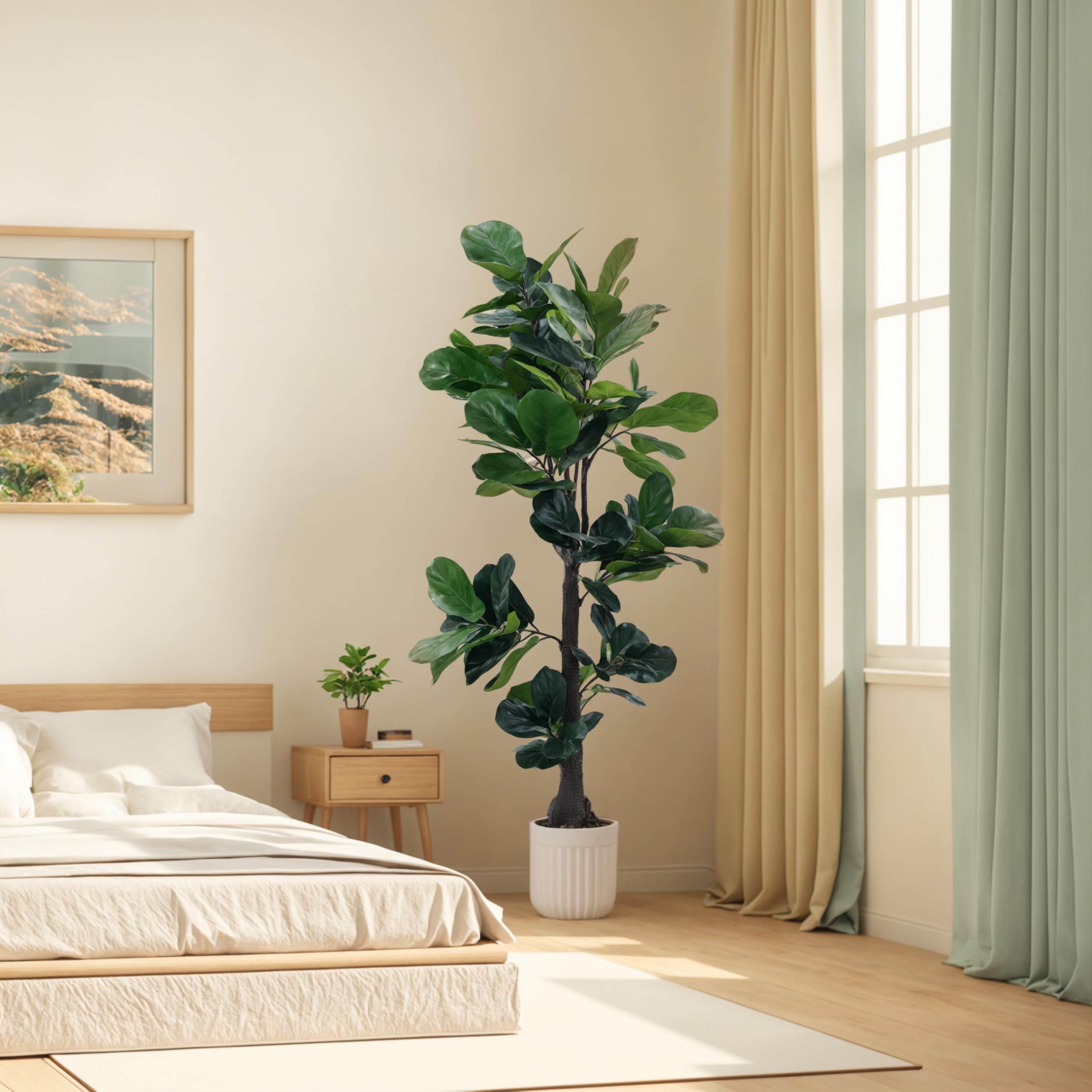 Artificial Fiddle Leaf Fig Tree, 7FT Fake Ficus lyrata Silk Trees with White Tall Planter