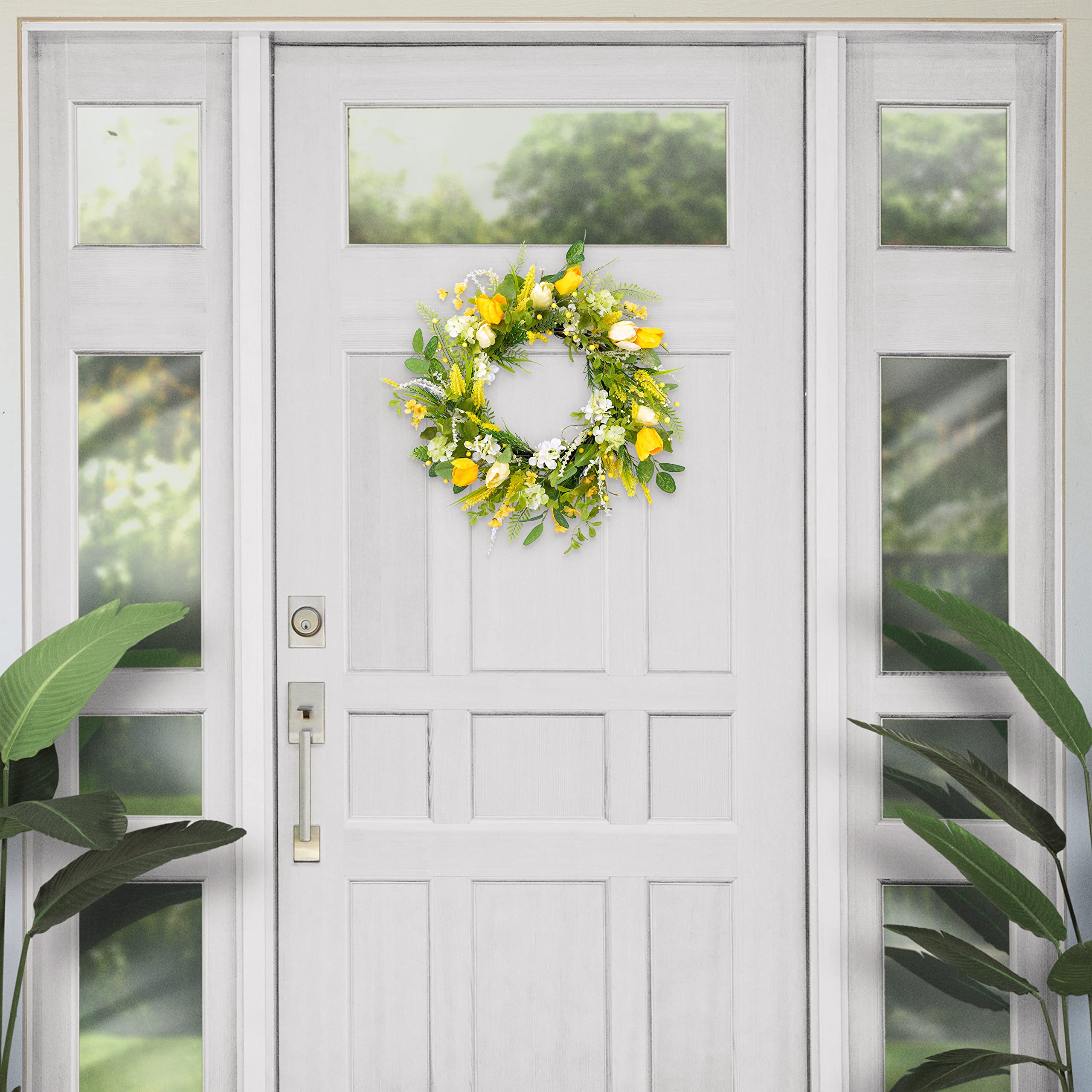 24" Artificial Tulip Floral Spring Door Wreath, Green/Yellow