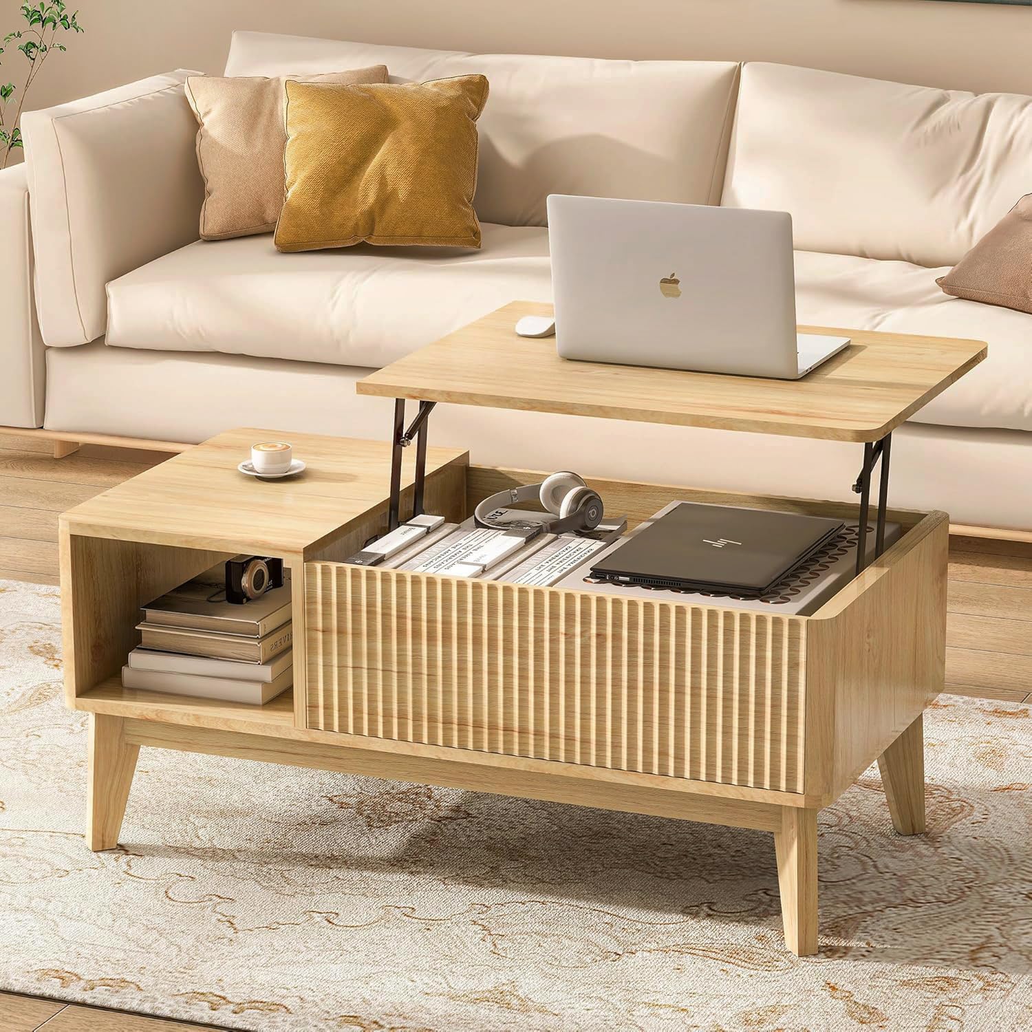 Fluted Lift Top Coffee Table with Hidden Compartment, Modern Center Table for Living