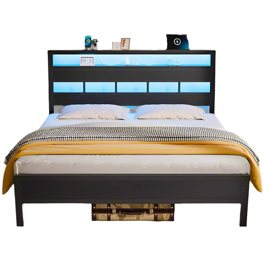 Queen Bed Frame with Storage Headboard and LED Lights