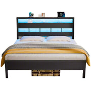 Queen Bed Frame with Storage Headboard and LED Lights