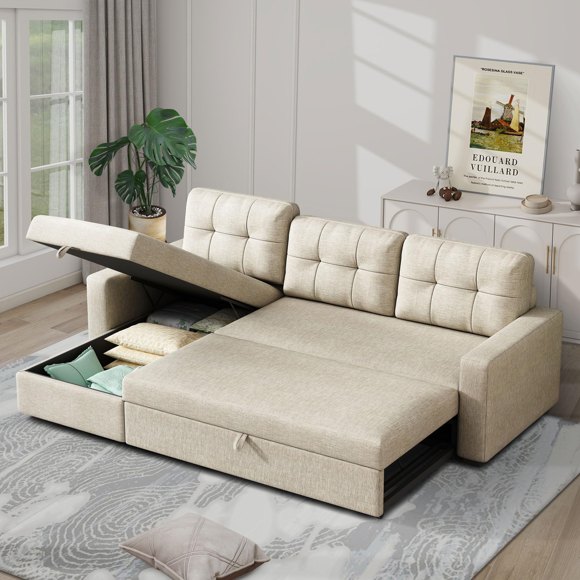 Sleeper Sectional Sofa W/Pull Out Bed,L Shaped Sofa Bed W/Storage Chaise