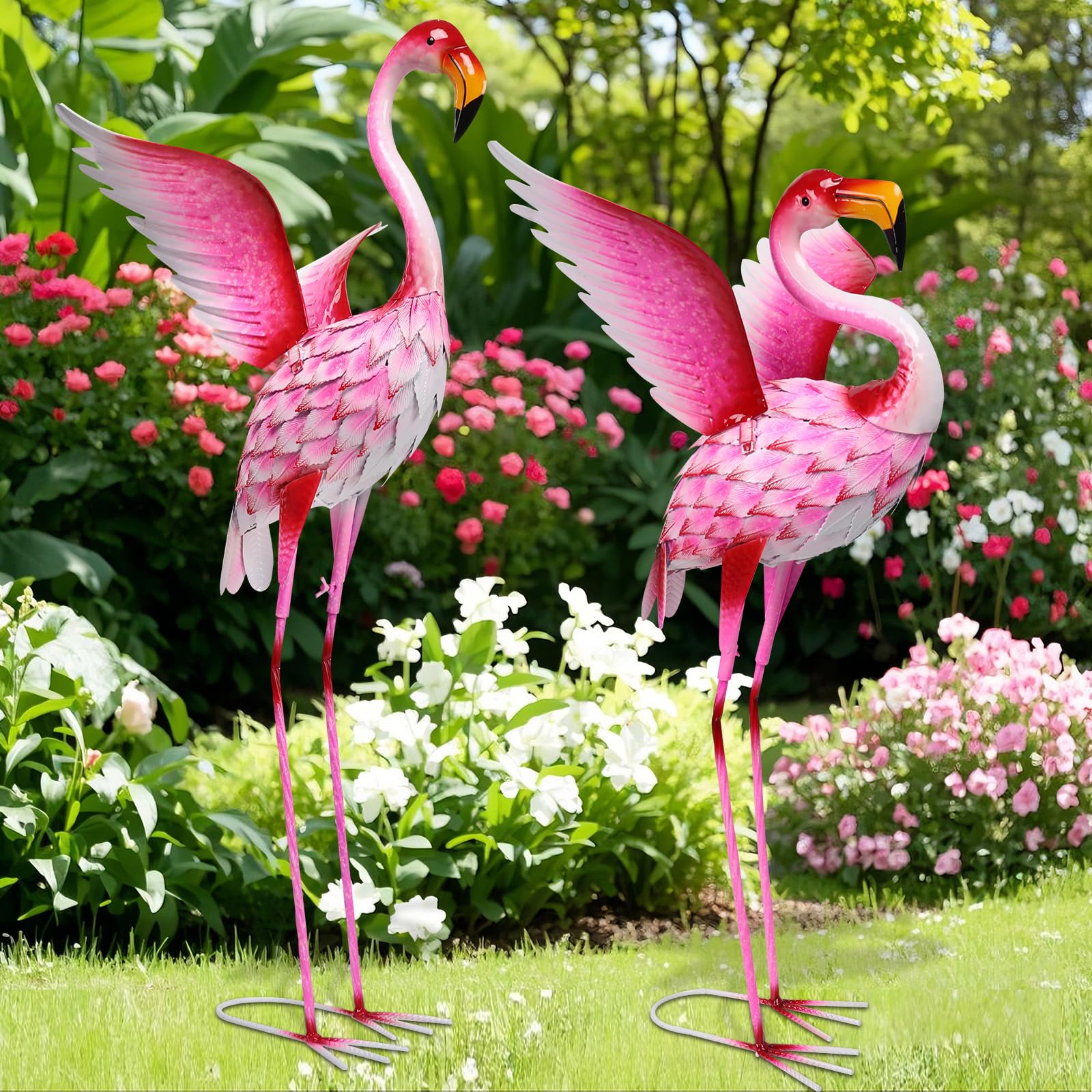 Pink Flamingo Statue-Garden Statues for Outside - 2 Pack Flamingos Sculptures Statue
