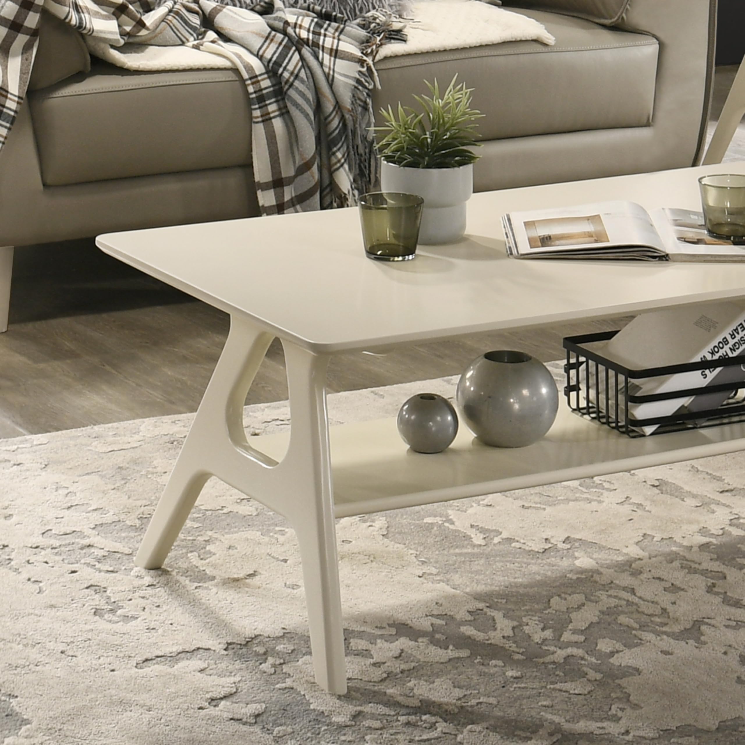 Arona Mid-Century Modern Wood Shelf Coffee Table, Off-White Finish