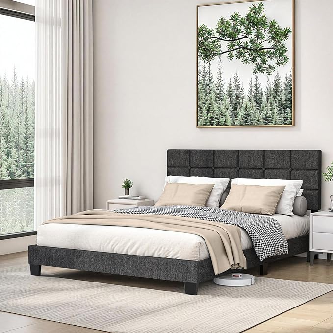 Queen Bed Frame with Headboard, Linen Upholstered Platform Bed Frame