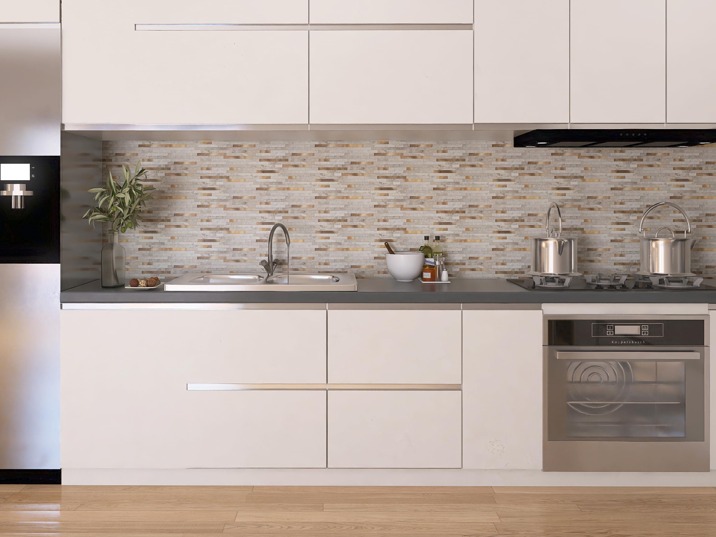 Peel and Stick Backsplash for Kitchen, Self-Adhesive Metal Gold Beige Marble Subway