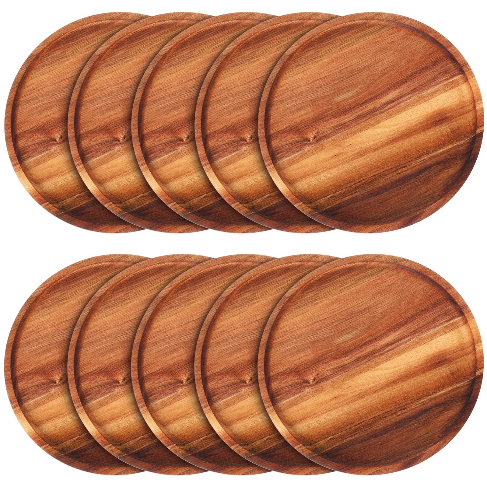 10 Pieces Acacia Round Wood Plates 12 x 0.6 Inch Dinner Plates