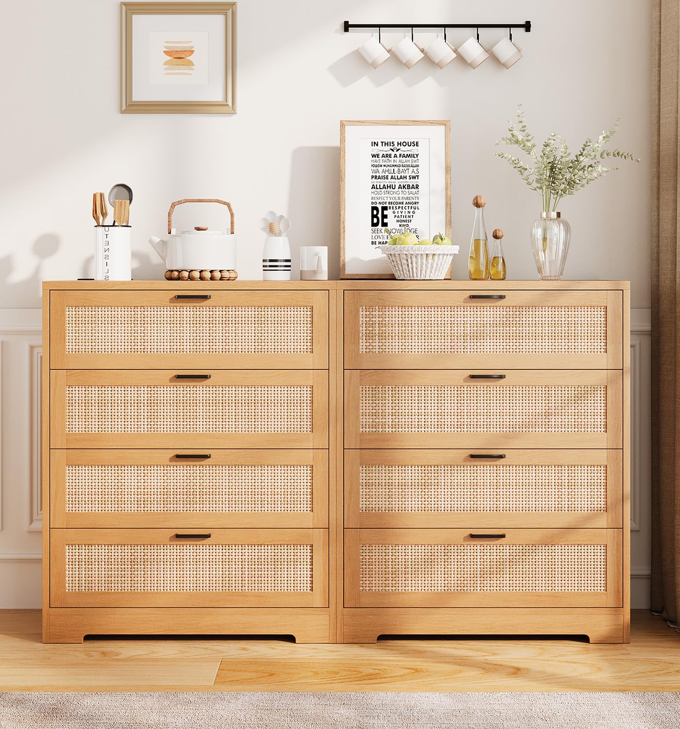 Rattan Dresser, Tall Chest of Drawers, Wood Dresser for Bedroom, Closet, Living Room
