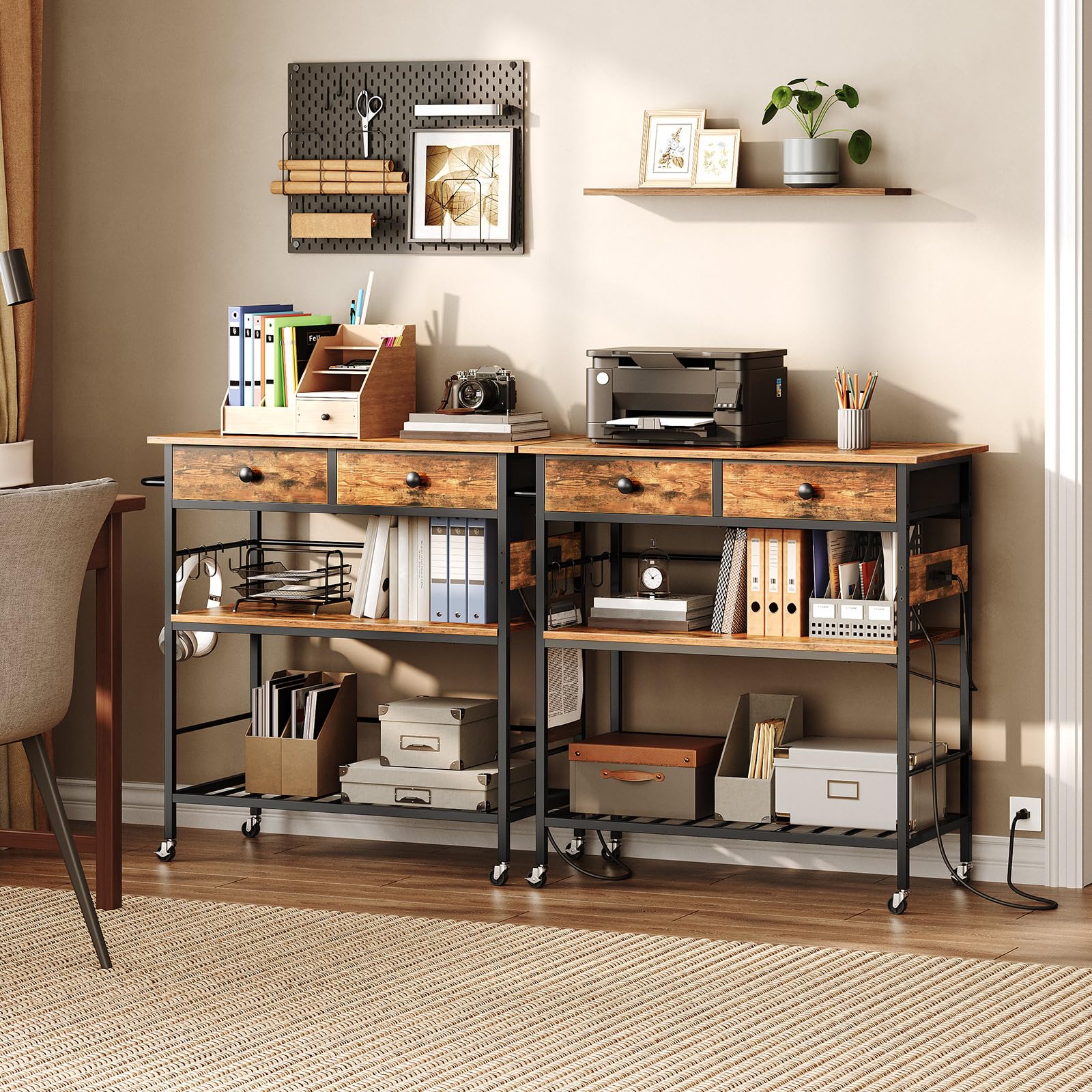 HOOBRO Kitchen Island with Storage, Rolling Island Cart for Kitchen with 2 Drawers & Outlet, 3 Tier Coffee Station and Microwave Stand, Kitchen Island Table for Home, Rustic Brown BF08UZD01