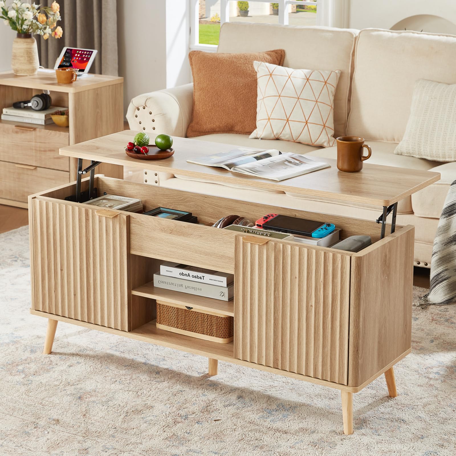 48" Fluted Lift Top Coffee Table with Hidden Storage & Adjustable Shelves, Lifting Tabletop