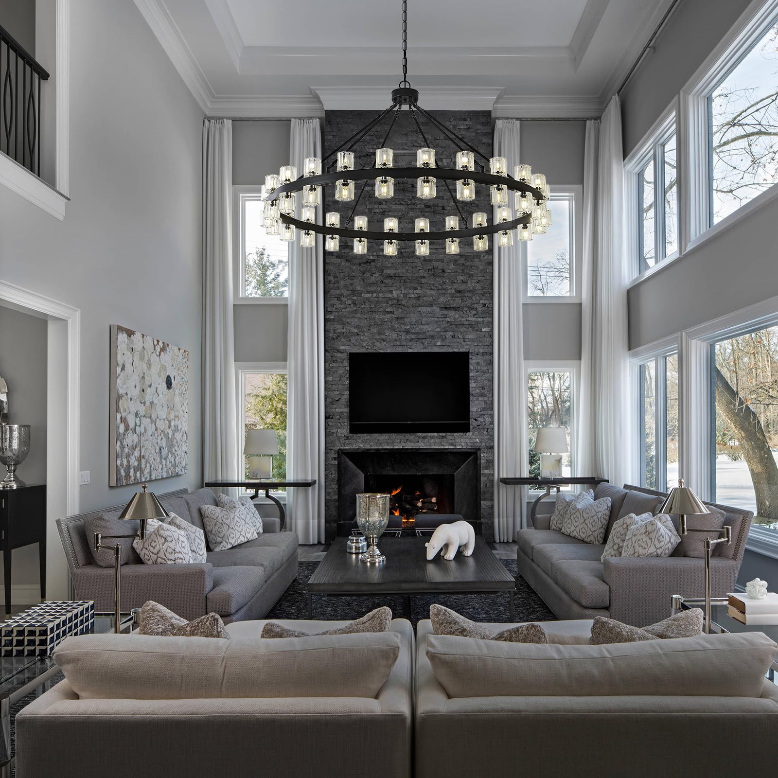 Black Wagon Wheel Chandelier, 48inch Large Crystal Chandeliers for High Ceiling