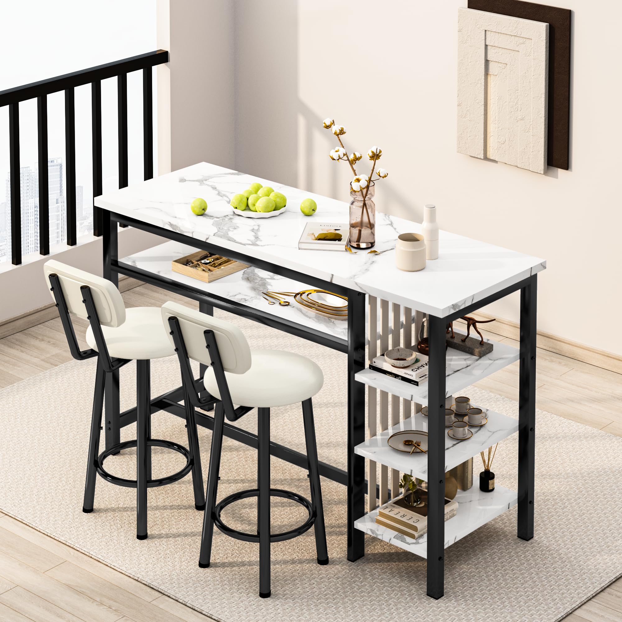 3-Piece Bar Table and Chairs Set, Modern White Faux Marble Table
