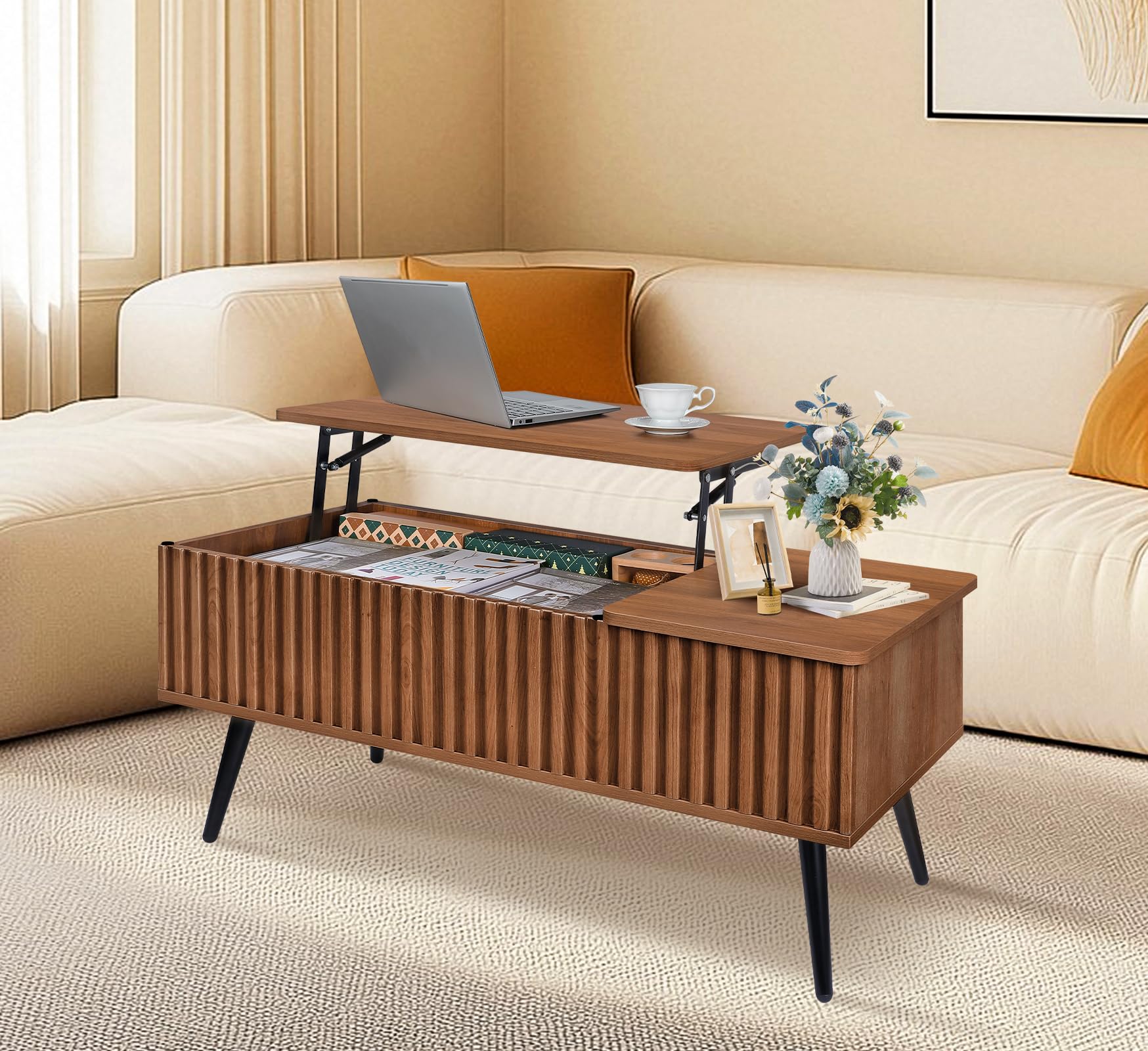 Fluted Lift Top Coffee Table, 37.4" Wood Rustic Coffee Tables Square Center Table