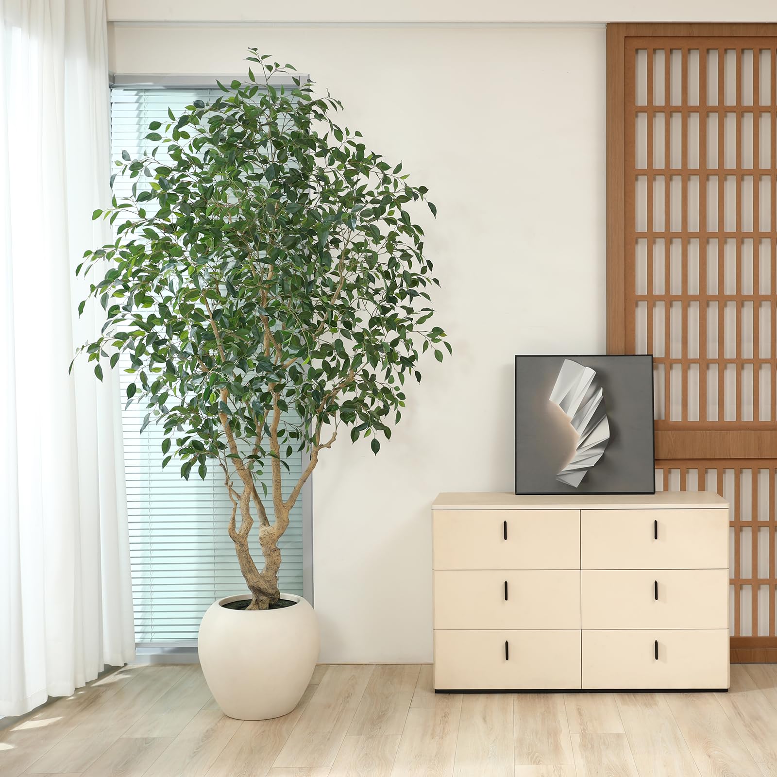Ficus Tree Artificial Indoor, 8 Feet Tall Faux Ficus Tree with Round Artisan Planter