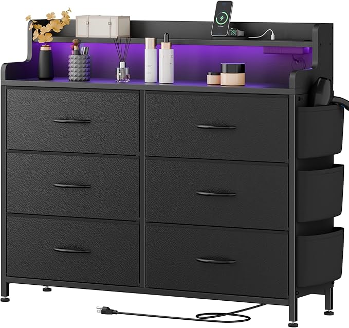 Dresser for Bedroom 6 Drawers - Fabric Dressers for Bedroom with LED Light