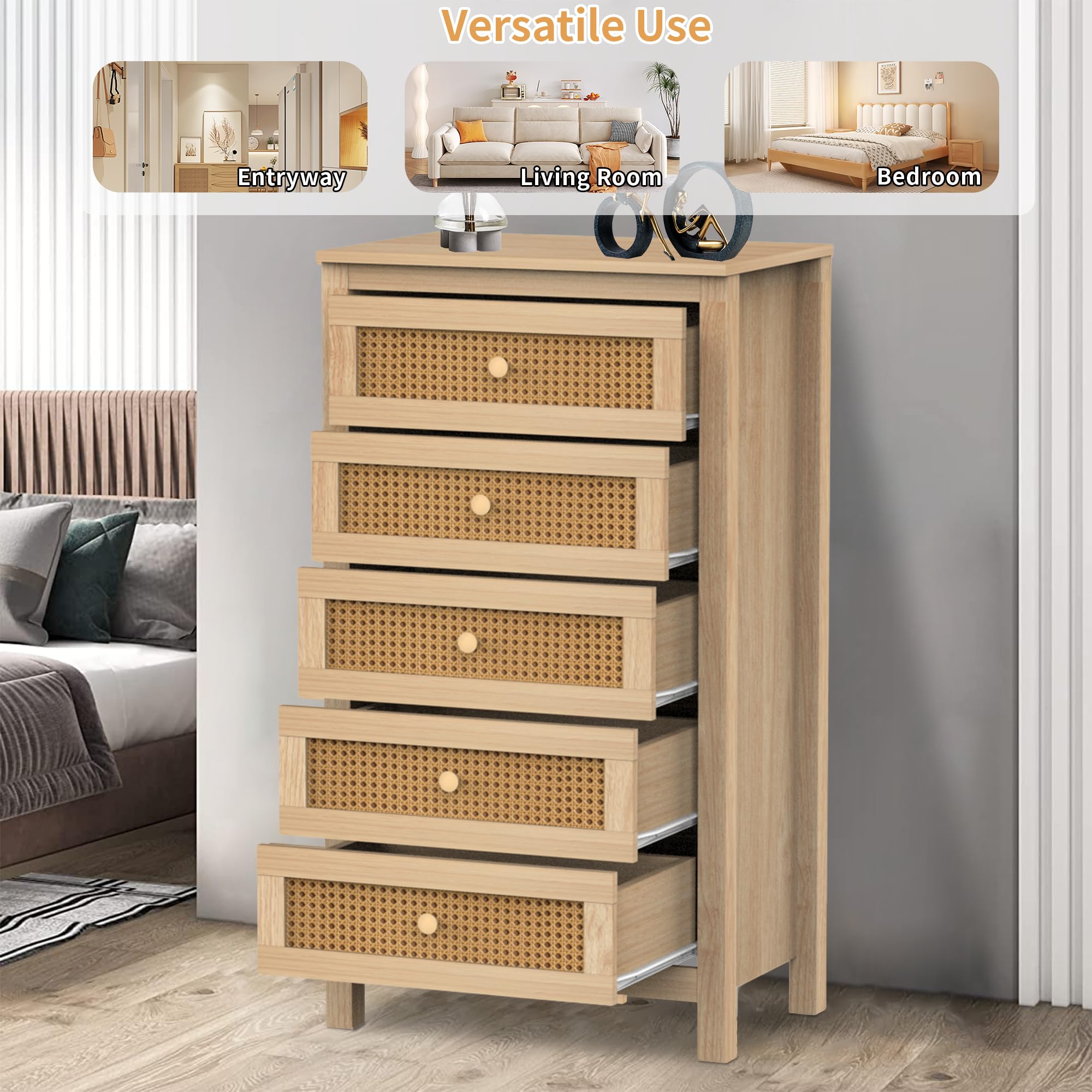 Rattan Dresser for Bedroom, Boho 5 Drawer Dresser with Rattan Drawers