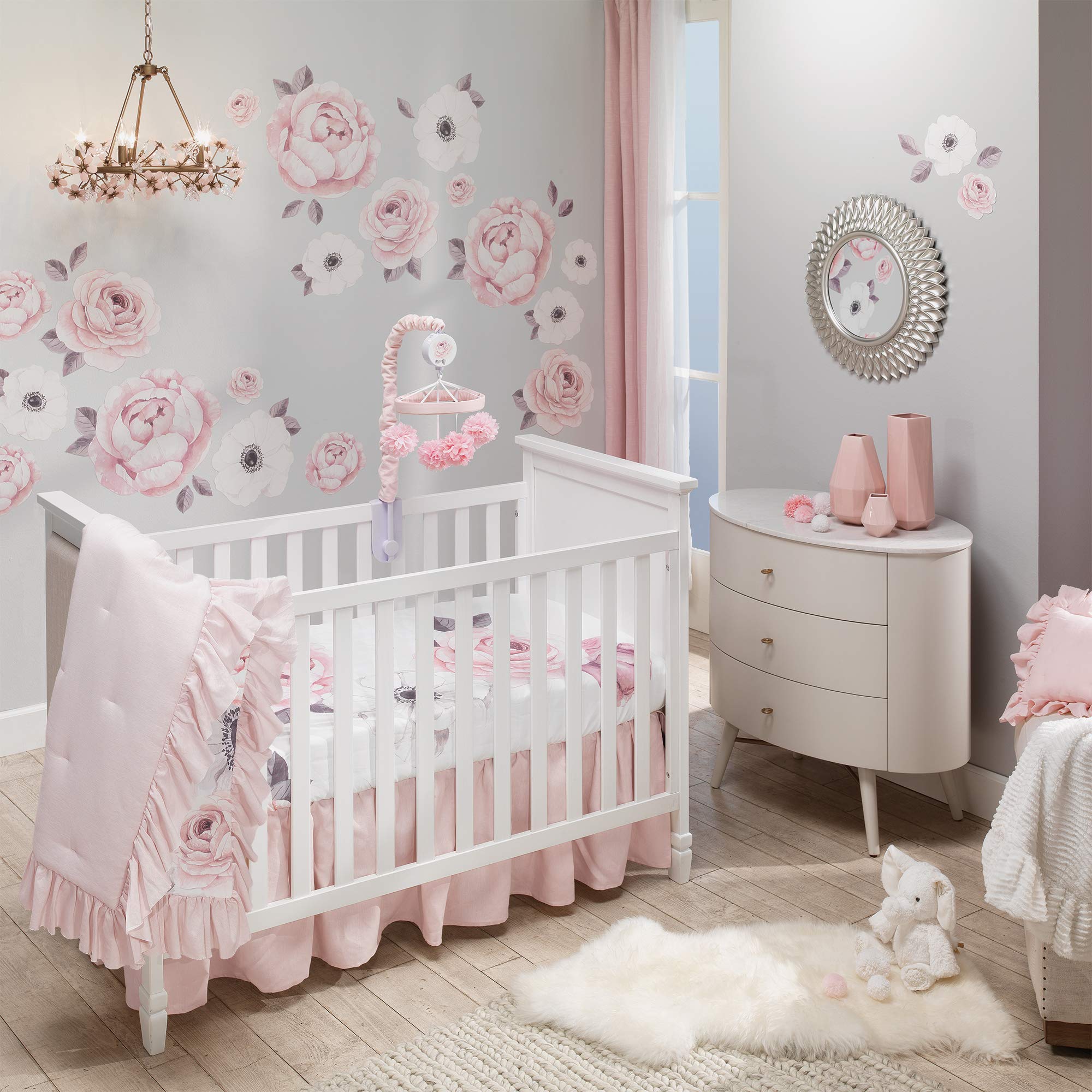 Floral Garden Watercolor/Pink Linen 5-Piece Baby Crib, Baby Bedding