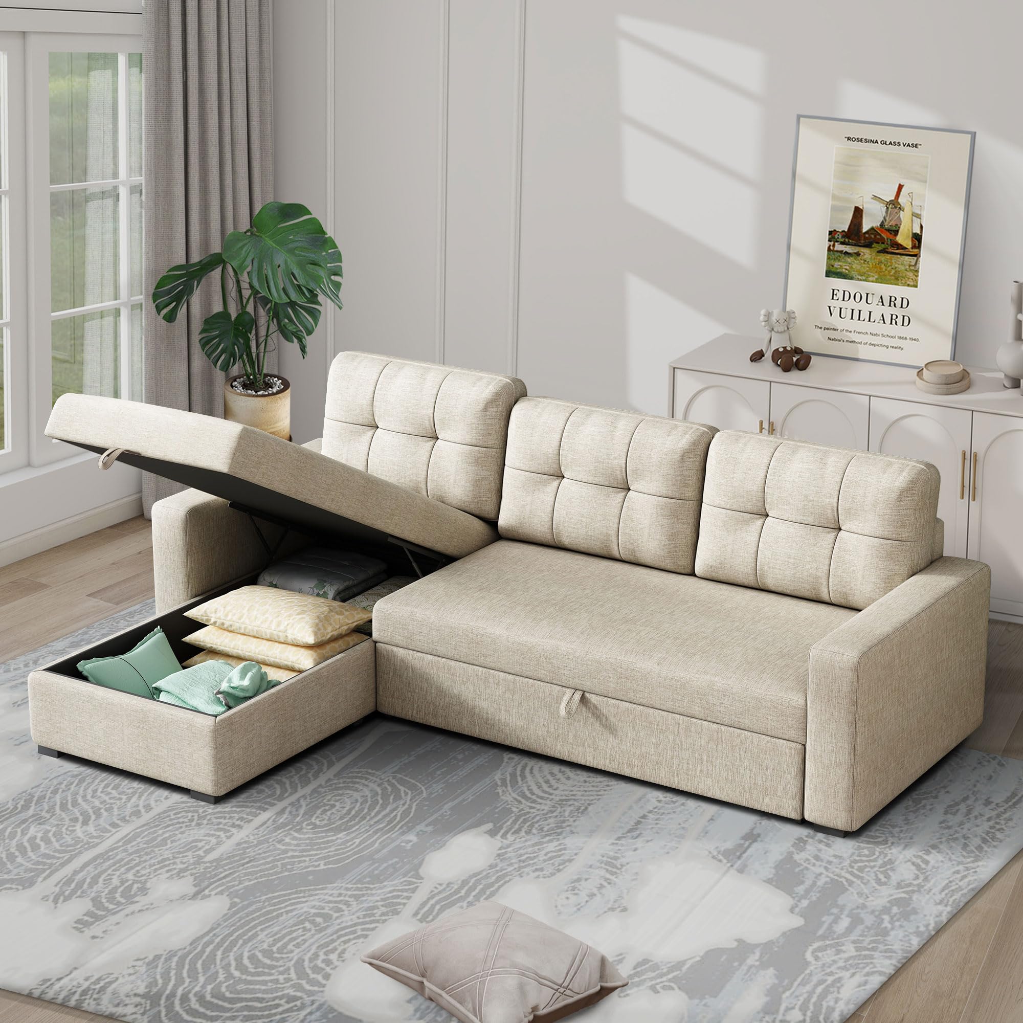 Sleeper Sectional Sofa W/Pull Out Bed,L Shaped Sofa Bed W/Storage Chaise